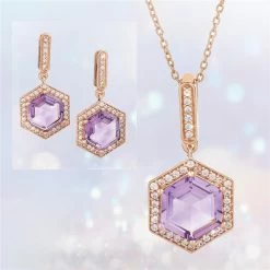 Amethyst Hex Pendant, Chain & Earrings Set